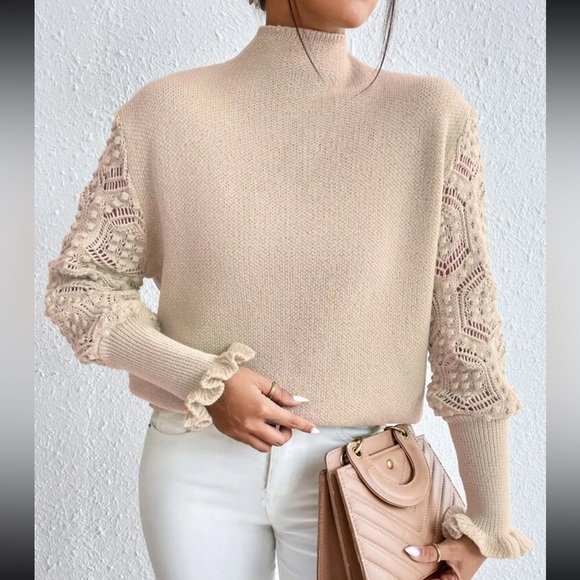 Sweaters - Cozy Cowl High Neck Eyelet Detail Flounce Sleeve Sweater